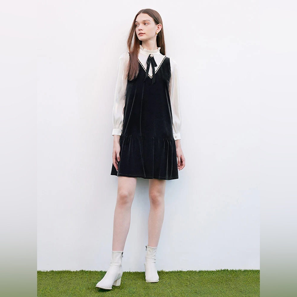 Black Velvet Patchwork Mini Dress With Tie